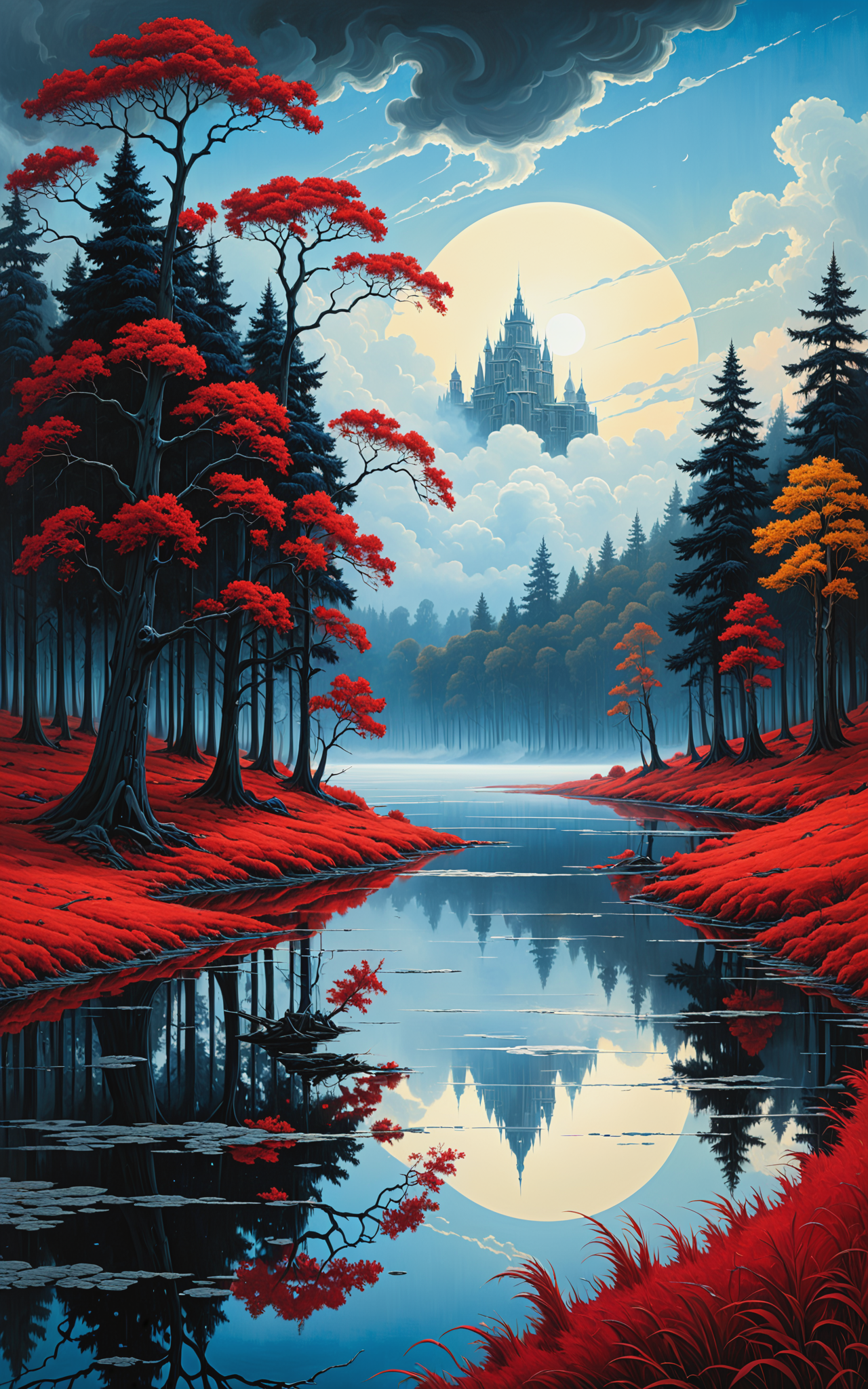 10429-1993761867-Masterful surrealism black and white lake landscape, dark red and blue with avenue of trees with special designed t branches, gr.png